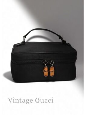 Gucci Vintage Bamboo Vanity Case Black Nylon Leather Trim